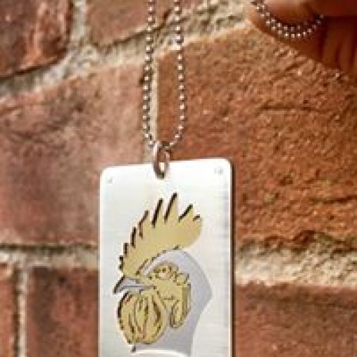 zodiac tag, saw pierced brushed silver, brass and titanium, stainless