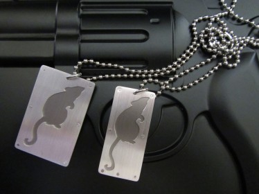 rat tags, saw pierced brushed silver and titanium, stainless